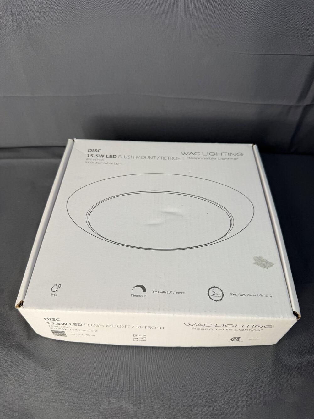 WAC Lighting DISC 15W LED FLUSH MOUNT, Brushed White Finish, Warm Light NIP Open